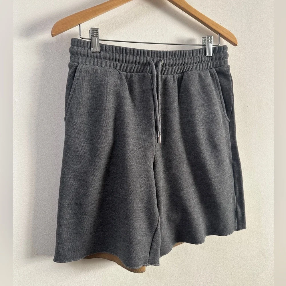 ZARA Rough Hem Charcoal Knit Drawstring Shorts. SIZE LARGE Casual Free Hem - Picture 1 of 4